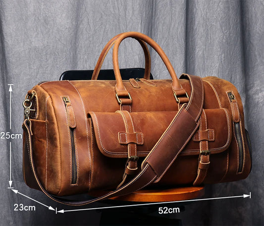 MUNUKI Vintage Crazy Horse Genuine Leather Travel bag Large Luggage bag men Leather duffle bag