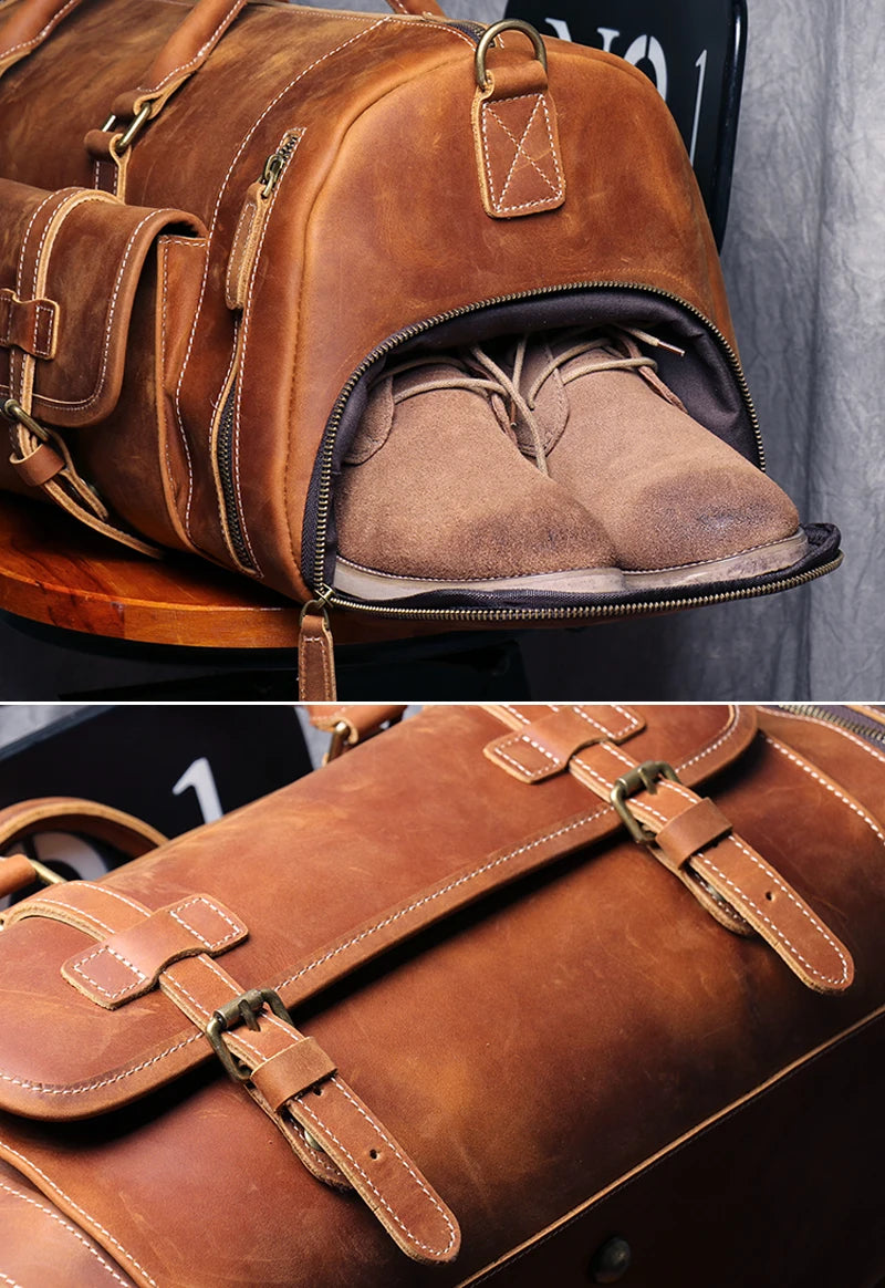 MUNUKI Vintage Crazy Horse Genuine Leather Travel bag Large Luggage bag men Leather duffle bag