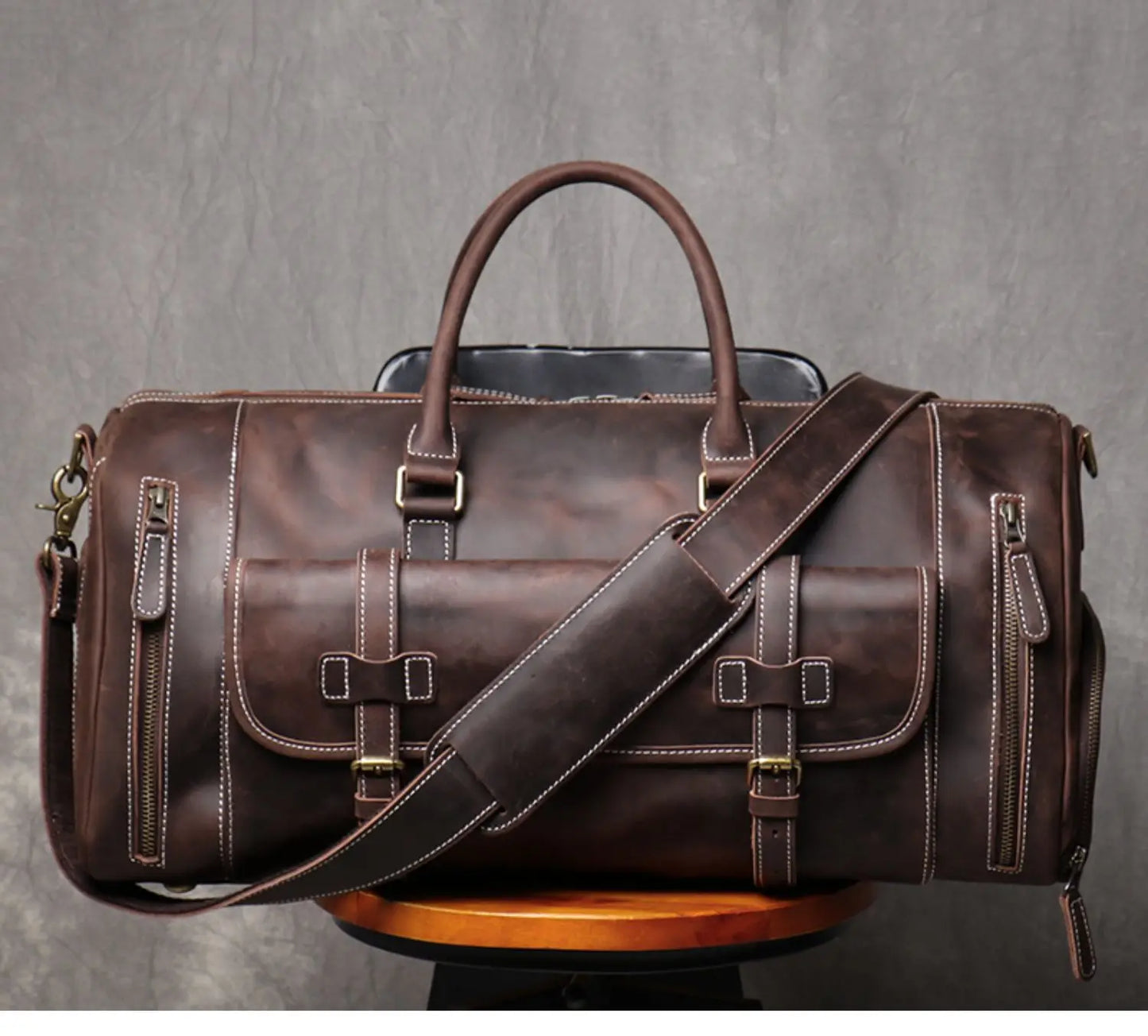 MUNUKI Vintage Crazy Horse Genuine Leather Travel bag  Large Luggage bag men Leather duffle bag