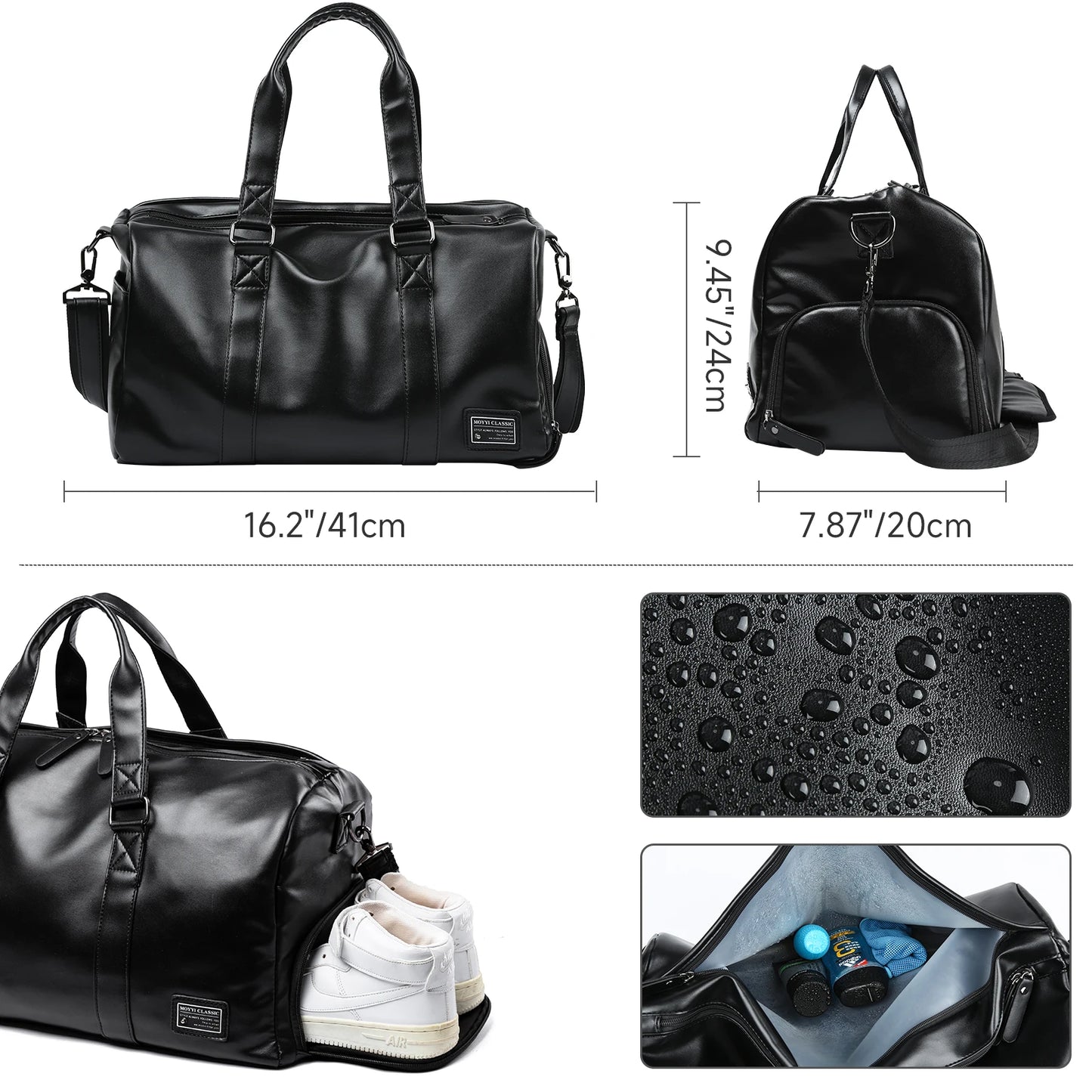 Leather Travel Duffel Bag for Men Women, Vintage Waterproof Bag with Shoe Pouch, Overnight Gym Sports Carry
