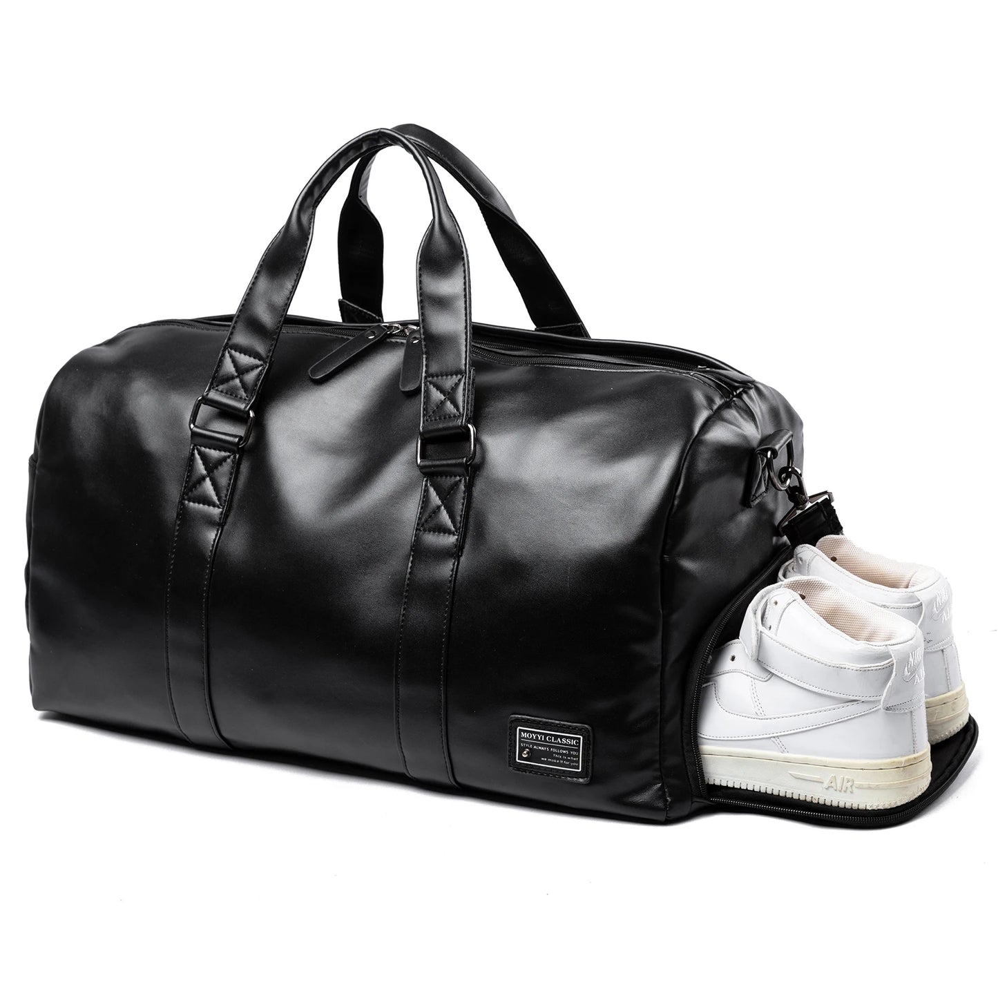Leather Travel Duffel Bag for Men Women, Vintage Waterproof Bag with Shoe Pouch, Overnight Gym Sports Carry