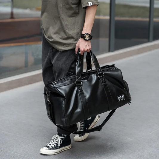 Leather Travel Duffel Bag for Men Women, Vintage Waterproof Bag with Shoe Pouch, Overnight Gym Sports Carry