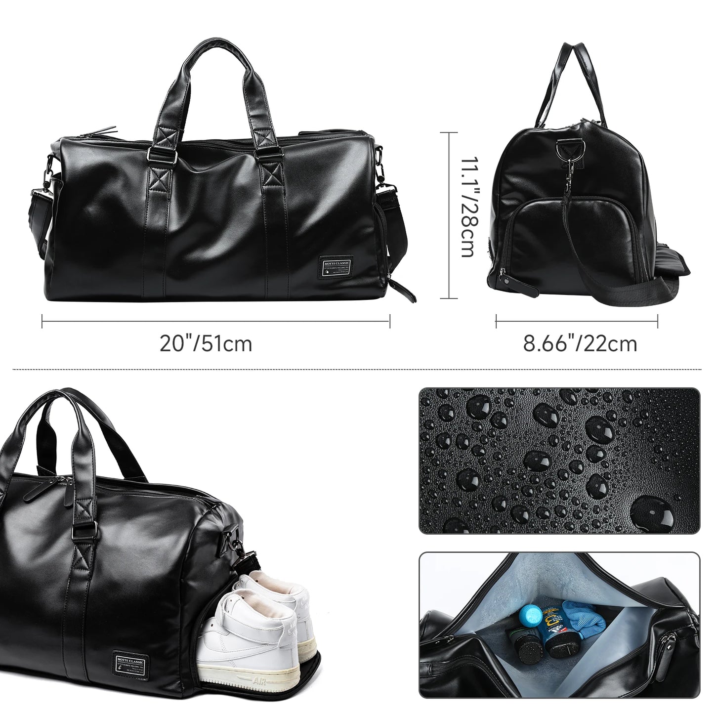 Leather Travel Duffel Bag for Men Women, Vintage Waterproof Bag with Shoe Pouch, Overnight Gym Sports Carry