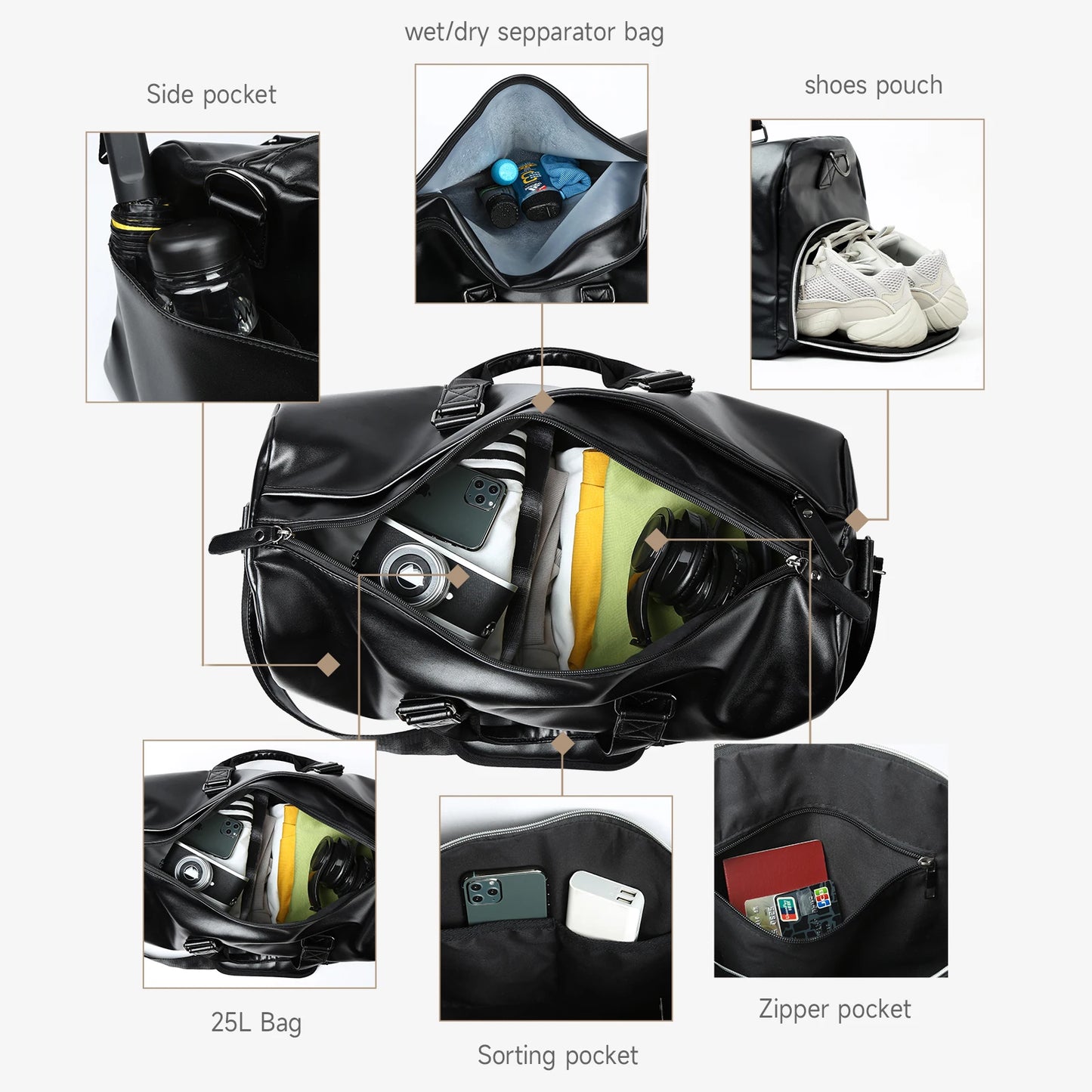 Leather Travel Duffel Bag for Men Women, Vintage Waterproof Bag with Shoe Pouch, Overnight Gym Sports Carry