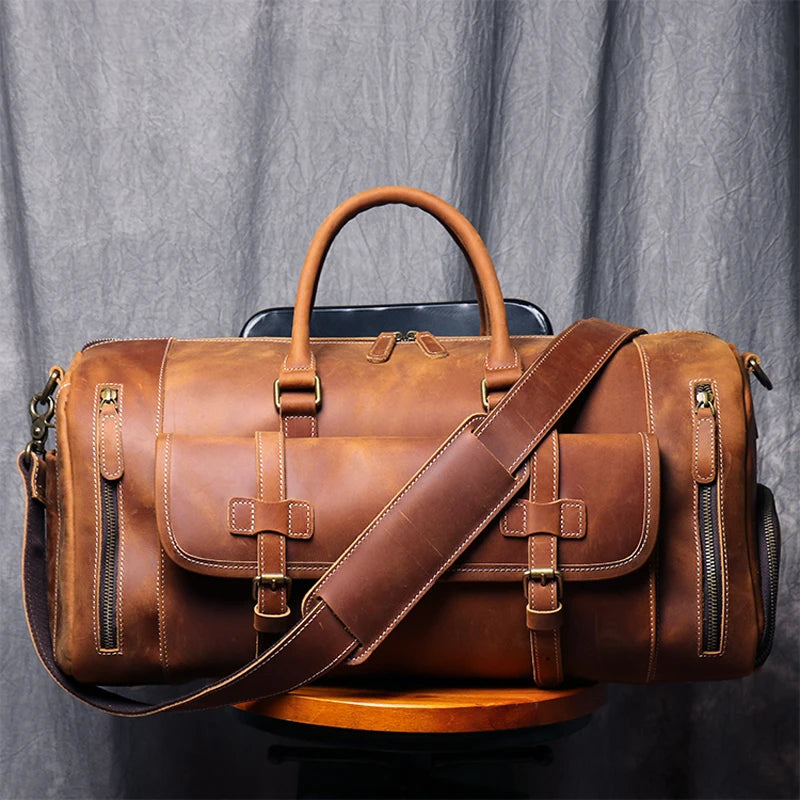 MUNUKI Vintage Crazy Horse Genuine Leather Travel bag  Large Luggage bag men Leather duffle bag