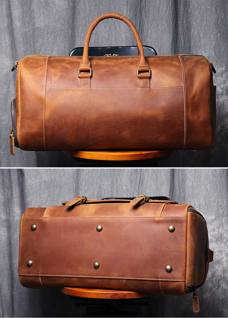 MUNUKI Vintage Crazy Horse Genuine Leather Travel bag  Large Luggage bag men Leather duffle bag