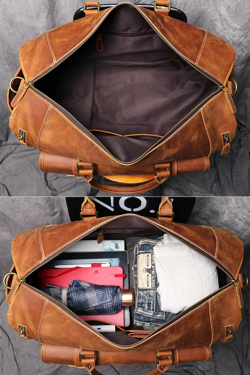 MUNUKI Vintage Crazy Horse Genuine Leather Travel bag  Large Luggage bag men Leather duffle bag