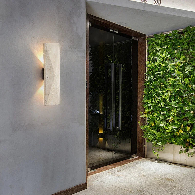 Outdoor LED Wall Lamp Natural Yellow Travertine Stone H32cm 18w Up Down Garden Lighting for Villa Garage