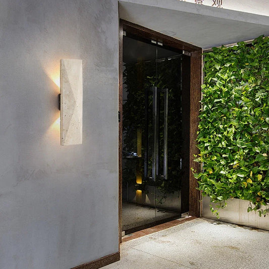 Outdoor LED Wall Lamp Natural Yellow Travertine Stone H32cm 18w Up Down Garden Lighting for Villa Garage