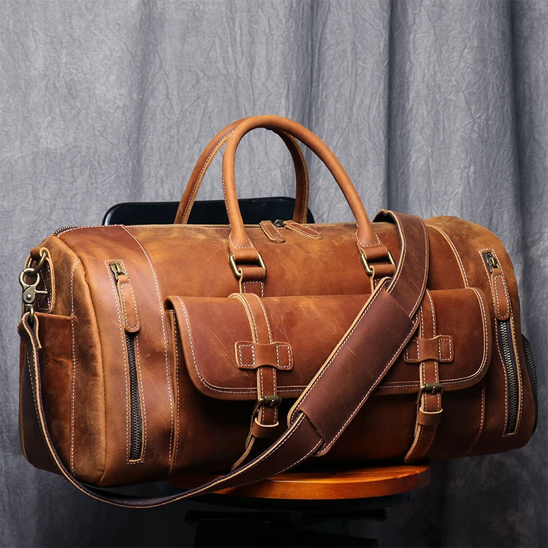 MUNUKI Vintage Crazy Horse Genuine Leather Travel bag  Large Luggage bag men Leather duffle bag