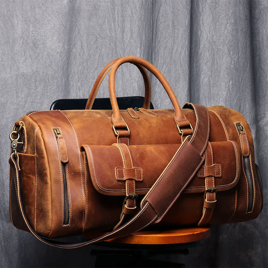 MUNUKI Vintage Crazy Horse Genuine Leather Travel bag  Large Luggage bag men Leather duffle bag